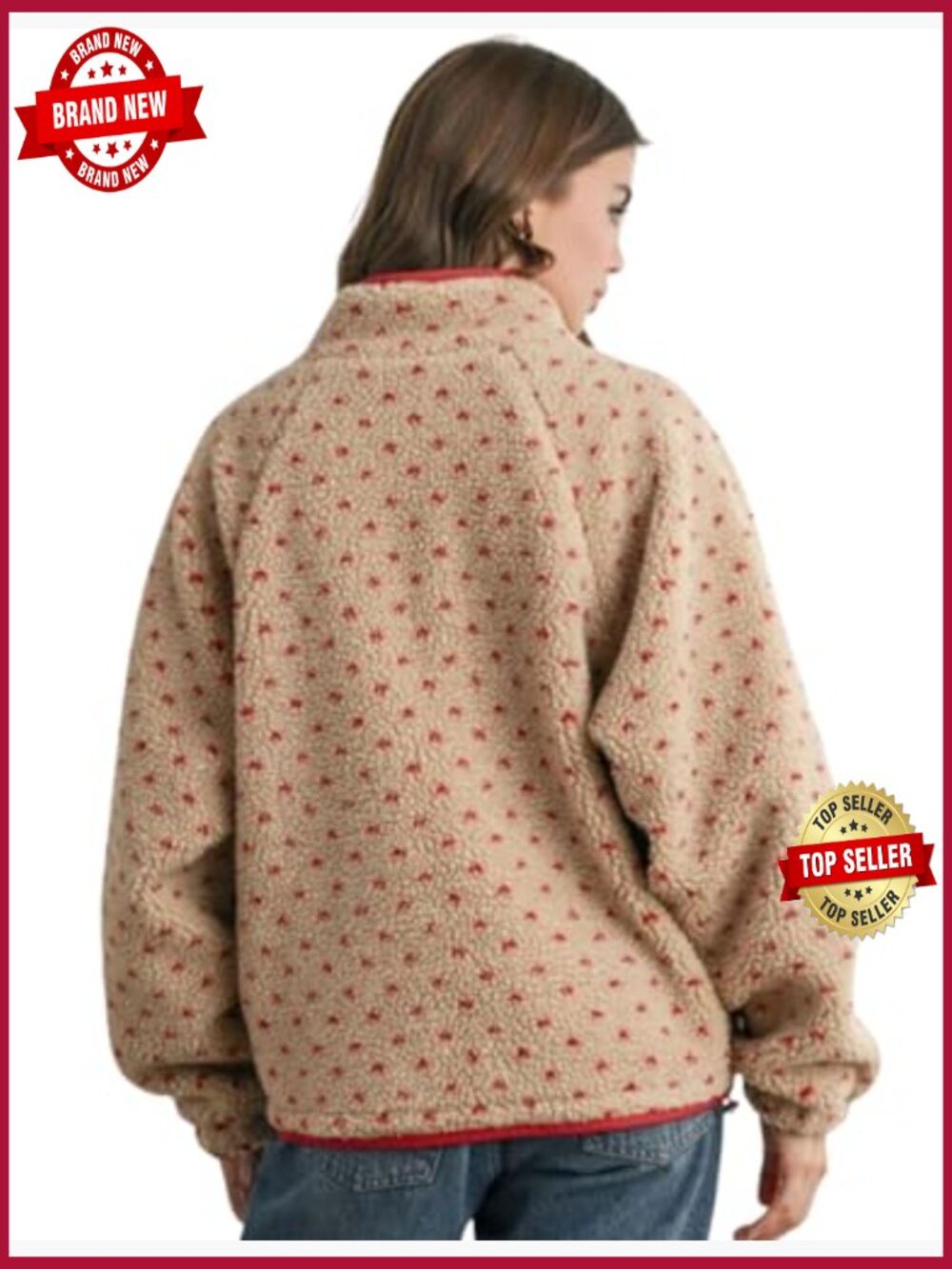 Fleece Jacket Button Down Lapel Collar Sherpa Long Sleeve Contrast Quilted - Picture 5 of 5